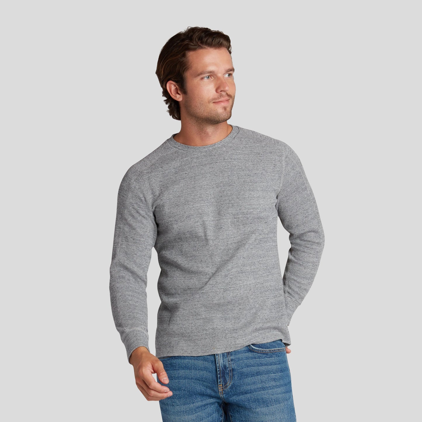 Nuevo suéter tipo waffle Spencer – Gris jaspeado.