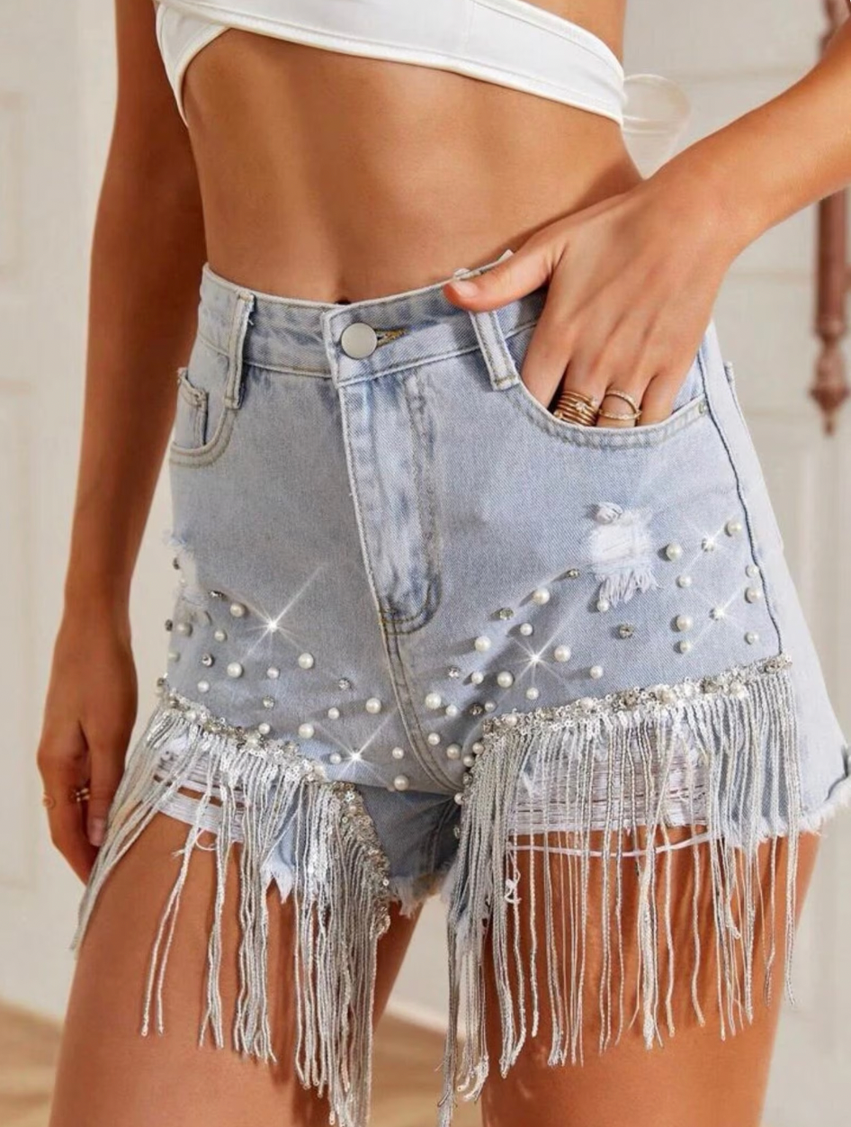 Pantalones cortos vaqueros con flecos Luisa
