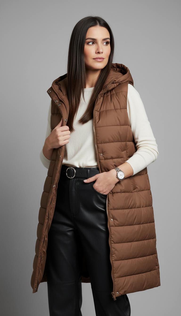 Chaleco Acolchado Largo con Capucha – Edición Invierno