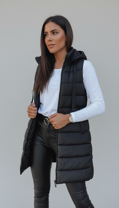 Chaleco Acolchado Largo con Capucha – Edición Invierno